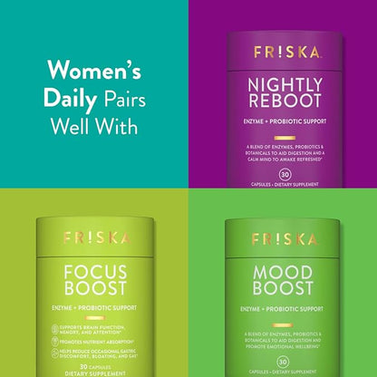 Friska Women’s Daily Gut Support - Pre/Post Meal, Digestive Enzymes, Probiotic DE111 for Bloating & Digestive Balance, Vitamin D, Cranberry & Biotin for Hair, Nail & Urinary Health, 90 Capsules