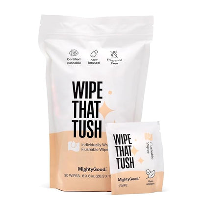 Wipe That Tush On-The-Go Flushable Wipes - 1 Pack of 30 Individually Wrapped Wipes - Fragrance Free - Extra Large & Soft - Hypoallergenic With Aloe & Vitamin E - Septic-Safe