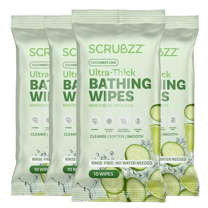 Extra Large Bath Wipes for Adults Bathing No Rinse - 40 Disposable Body Cleansing Wipes for Men, Women & Elderly - Great for Gym, Camping, Post Surgery - Shower Wipes - Cucumber Lime