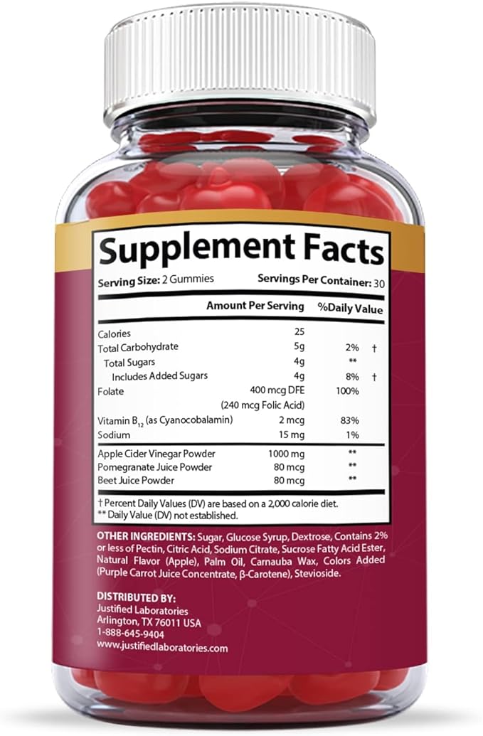 Justified Laboratories (2 Pack) Great Results Keto ACV Gummies 1000MG with Pomegranate Juice Beet Root B12 120 Gummys