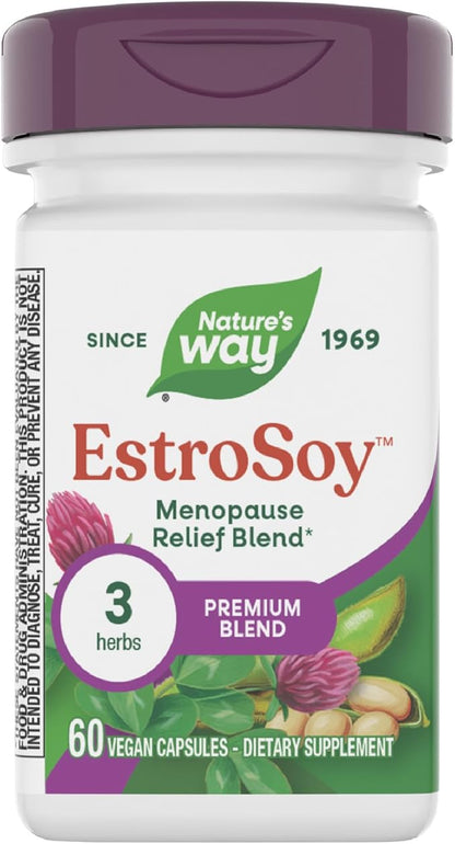 Nature's Way EstroSoy, Menopause Relief Blend*, Helps Relieve Menopausal Symptoms*, Black Cohosh, Fermented Soy Extracts, Red Clover, 60 Vegan Capsules (Packaging May Vary)