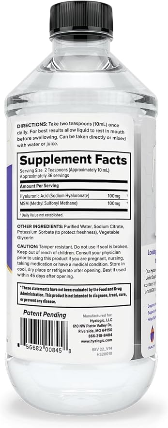 Hyalogic Hyaluronic Acid Liquid Supplement - 100mg High Molecular Weight Hyaluronic Acid for Joints, MSM Advanced Joint Support, Vegan Oral Hydration Formula, 12 oz