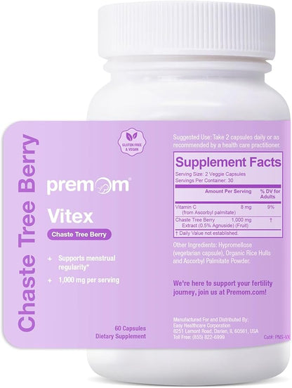 Premom Vitex Chaste Tree Berry: 1000mg Vitex Chasteberry Supplement Supports Hormone Balance & Fertility Supports Menstrual Cycle Regularity PMS Support Supplement for Women Vegan Non-GMOs