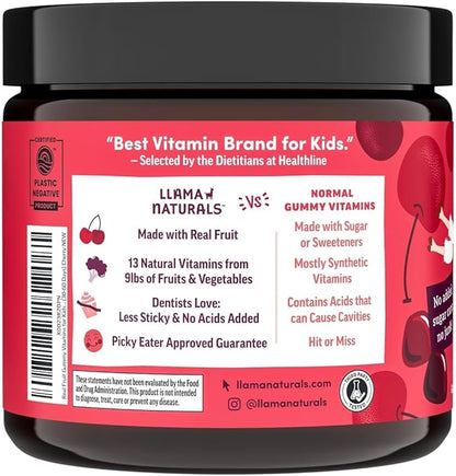Llama Naturals Kids Multivitamin Gummies | Real Fruit, No Added Sugar Cane | Organic Vegan Toddler Whole Food Vitamins | Vitamin D, C & Beta Carotene Gummy Supplement | Cherry 90 Ct (1-2 Months)