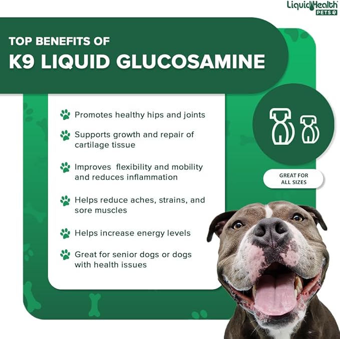 LIQUIDHEALTH Pets K9 Liquid Glucosamine for Dogs, Puppies, Senior Canines with Chondroitin, MSM, Hyaluronic Acid - Dog Vitamins for Hip & Joint Health, Dog Joint Oil, Joint Juice - Made in USA (32 oz)