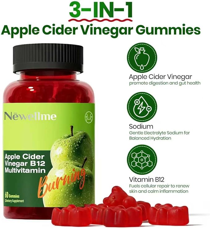 Montue NEWELLME Apple Cider Vinegar Gummies B12 Multivitamin,ACV Supplement Gummy Vitamins,Non GMO, Vegetarian Supplement for Women & Men,Support Normal Energy Levels & Gut Health 30 Gummies (30)
