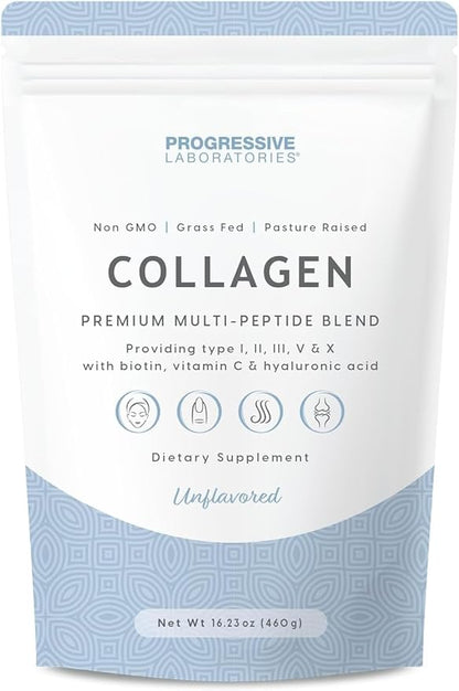 Multi Collagen Peptides Powder (Unflavored) – Types I, II, III, V & X with Biotin, Vitamin C & Hyaluronic Acid – Grass-Fed, Non-GMO Collagen Supplement for Skin, Hair, Nails & Joint Support