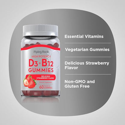 Piping Rock Vitamin D3 and B12 Gummies | 60 Count | Supplement for Women and Men | High Potency | Strawberry Flavor | Vegetarian, Non-GMO, Gluten Free