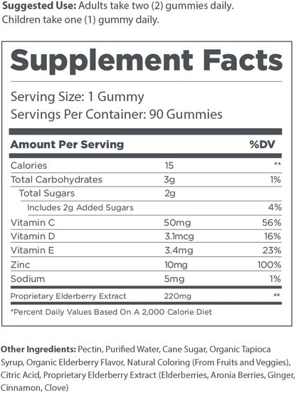 The Elderberry Co. Extra Strength Elderberry Gummies + Aronia Berries with Vitamins C, D,E and Zinc for All-Natural Immune Support, No Artificial Ingredients (60 Count)