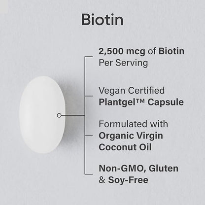 Sports Research® Biotin 2,500mcg with Organic Coconut Oil - Biotin (Vitamin B7) for Healthy Skin and Hair Support* - for Women and Men - Vegan, Non-GMO, Gluten & Soy-Free - 120 Veggie Softgels