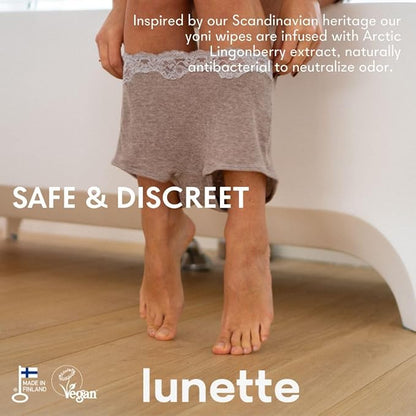 Lunette Yoni Wipes – Best Feminine Wipes for Intimate care - pH-balanced & Gentle - Vegan & Compostable - Travel-friendly for on-the-go & Public bathrooms, Made in Finland, 20 Pack