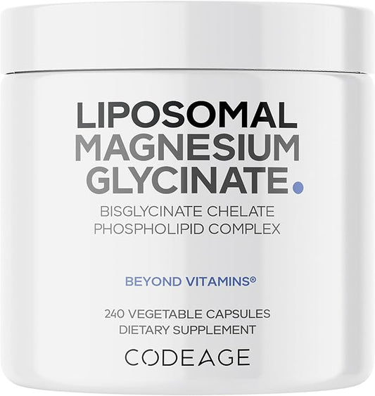 Codeage Liposomal Magnesium Glycinate Supplement, 2-Month Supply, Bisglycinate Magnesium Chelate, Chelated Magnesium Mineral Pills, BioPerine Black Pepper Vitamins Capsules, Non-GMO Vegan, 240 ct