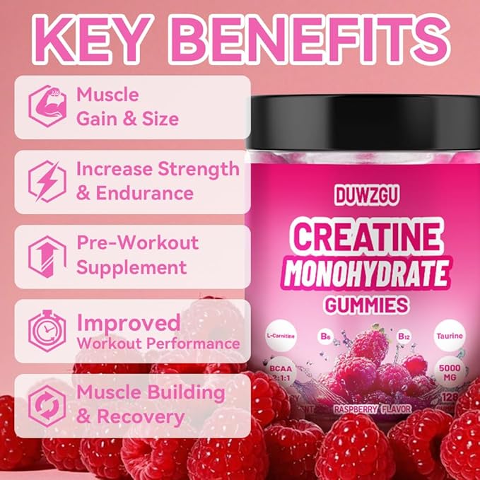 Creatine Monohydrate Gummies 5000mg –Muscle Strength,Energy,Focus, Recovery Support 128 Gummies Pre & Post Workout Supplement Bottle Delicious Creatine Supplement for Men and Women - Raspberry Flavor