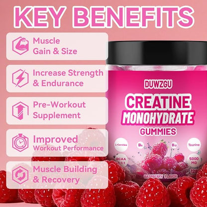 Creatine Monohydrate Gummies 5000mg –Muscle Strength,Energy,Focus, Recovery Support 128 Gummies Pre & Post Workout Supplement Bottle Delicious Creatine Supplement for Men and Women - Raspberry Flavor