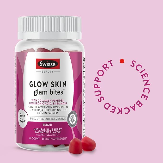 Swisse Glow Skin Glam Bites – Collagen Peptides, Hyaluronic Acid & Sea Moss – Supports Skin Elasticity & Hydration – Zero Sugar Gummies for Adults – Blueberry Lavender Flavor, 60 Count