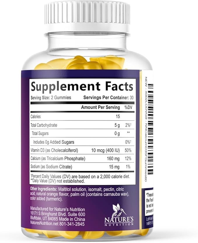 Calcium Supplement Gummies - Sugar Free Calcium Gummy with Vitamin D3 for Best Absorption - Supports Immune Health, Bones & Teeth - Nature's Calcium Chews for Women & Men - Orange Flavor - 60 Gummies
