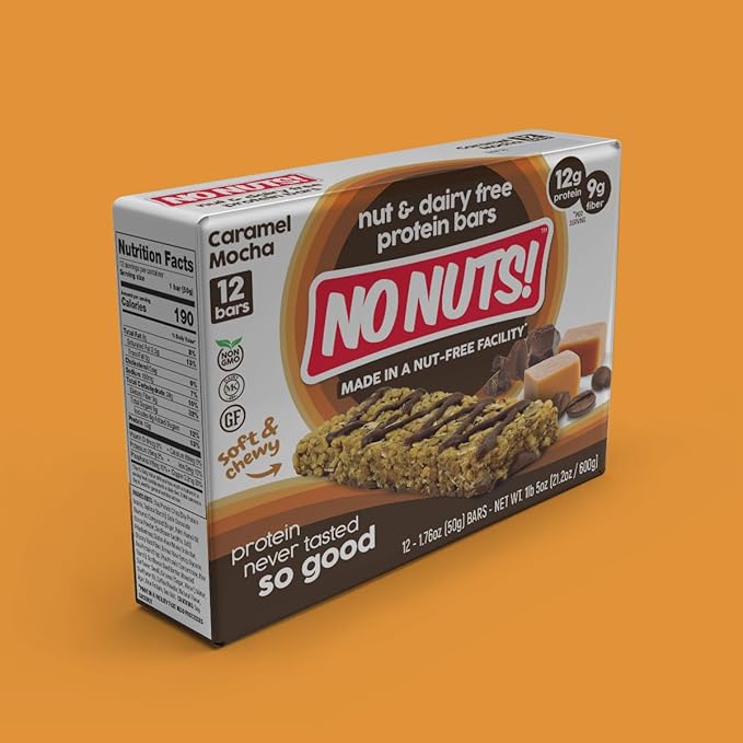 No Nuts! Caramel Mocha Protein Bars Nut-Free & School-Safe | 12g Plant Protein, Dairy-Free, Vegan, Gluten-Free, Non-GMO, Organic, Kosher | 12 Count