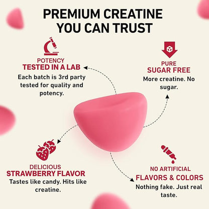 Creatine Monohydrate Gummies Sugar Free 5g - Made in USA - Pre Workout Creatine Chews for Women & Men, Creatine Gummy Candy, Chewable Nutritional Supplements, NSF Certified (Strawberry, 120 Count)