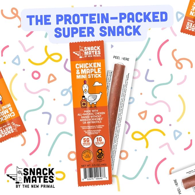 The New Primal Snack Mates Chicken & Maple Sticks, Gluten Free Healthy Snacks for Kids, Low Sugar High Protein Back to School Snacks, Mini Paleo Jerky Meat Stick, 5g Protein, 35 Calories, 15 Pack