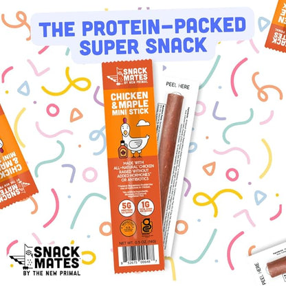 The New Primal Snack Mates Chicken & Maple Sticks, Gluten Free Healthy Snacks for Kids, Low Sugar High Protein Back to School Snacks, Mini Paleo Jerky Meat Stick, 5g Protein, 35 Calories, 0.5 Ounce (Pack of 90)