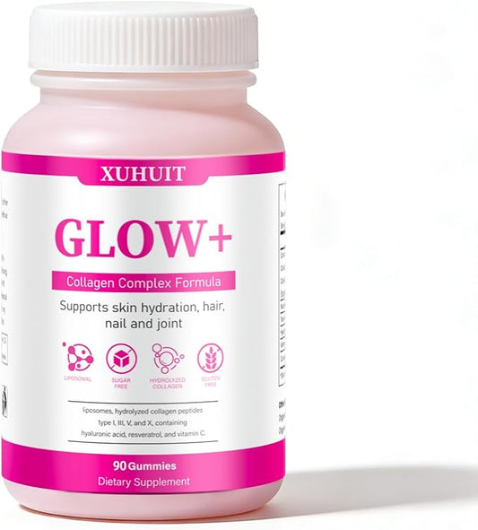 Glow Collagen Gummies with Hyaluronic Acid & Resveratrol | Gentle Support for Skin, Hair & Nail Care | Non-GMO | 90 Count (1)