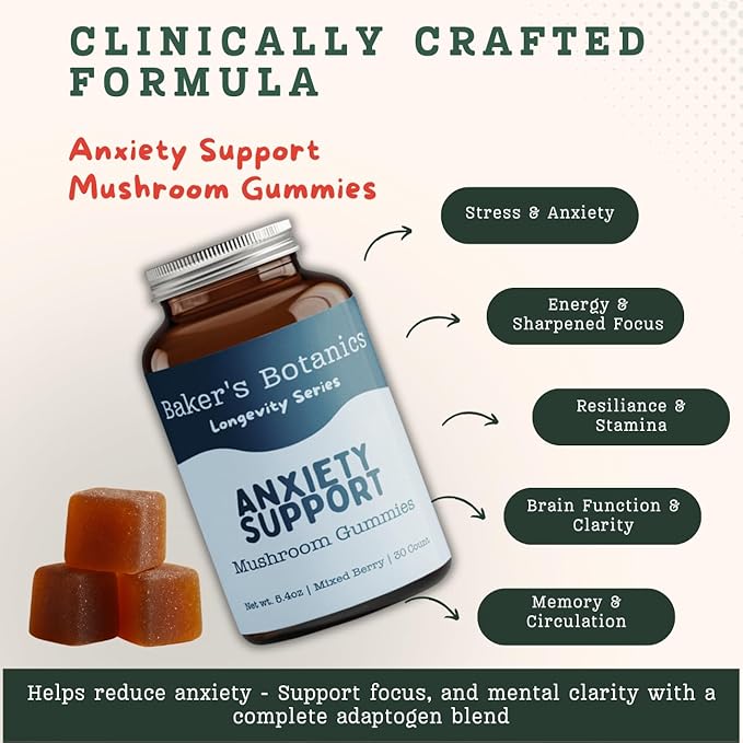 Baker's Botanics Adaptogenic Anxiety Support Mushroom Gummies - Botanicals Blend | Mixed Berry Flavor | Vegan, Gluten-Free, Non-GMO Supplement