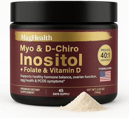 Inositol Powder - Myo & D-Chiro Inositol + Folate and Vitamin D - 40:1 Ratio - 45 Day Supply - Regular Menstrual and Fertility Support | Great Alternative to Capsules