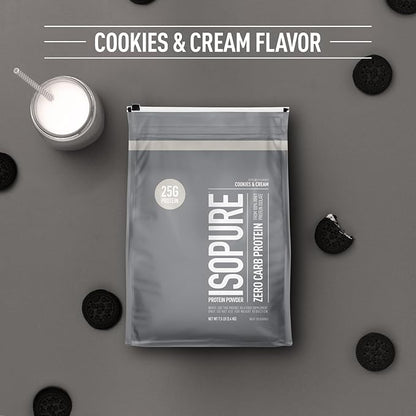 Isopure Zero Carb 100% Pure Whey Isolate Protein Powder, Gluten Free, with Vitamins, Cookies & Cream, 25g Protein Per Serving, 7.5 Lbs, 110 Servings (Packaging May Vary)