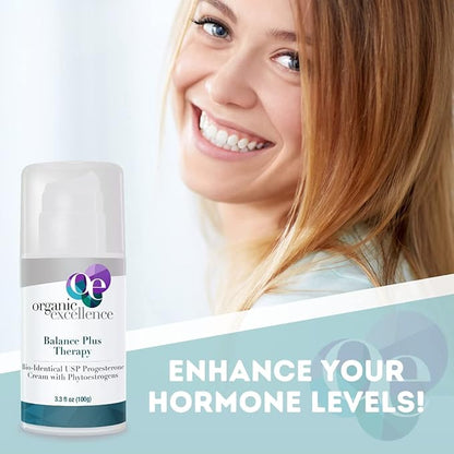 Organic Excellence Balance Plus Therapy - USP Bioidentical Organic Progesterone Cream for Women - with Phytoestrogens - for Menopause Relief and Natural Hormone Balance, 3.3 fl oz (100g)