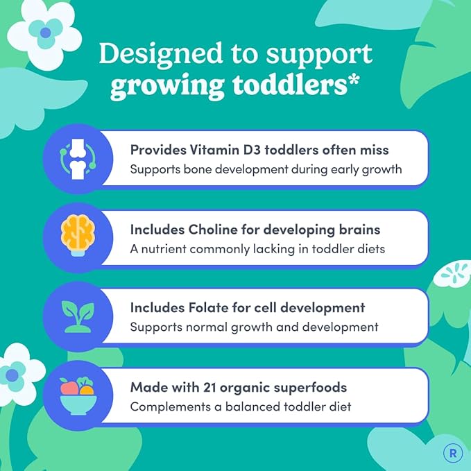 FIRST DAY Toddler Multivitamin Gummies (Ages 2-3)| Kids Multivitamin Gummies with Vitamins A C D3, B2, B12, Choline, Folate and 21 Organic Superfoods| (30 Day Supply)