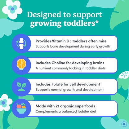 FIRST DAY Toddler Multivitamin Gummies (Ages 2-3)| Kids Multivitamin Gummies with Vitamins A C D3, B2, B12, Choline, Folate and 21 Organic Superfoods| (30 Day Supply)