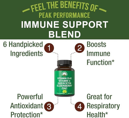 Peak Performance Immune Support Supplement - 6 Top Ingredients Vitamin D3 K2, Vitamin C, Elderberry, Zinc, Quercetin - Includes 5000 IU Vitamin D - Immunity Capsules - Supplements for Women and Men
