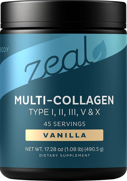 Zeal Naturals Multi Collagen Protein Peptides Powder Types I II III V X - Vitamin C, Biotin & Hyaluronic Acid - Hair, Skin & Nails - Marine, Bovine, Chicken & Eggshell - Vanilla, 45 Servings