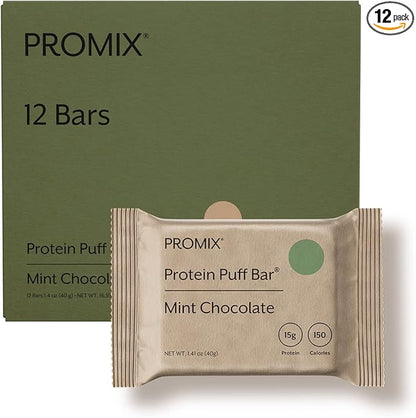 ProMix Protein Puff Bars, 12-Pack - Mint Chocolate- Marshmallow Crispy Treat - Great Tasting & Healthy On The Go Snack - High Protein & Low Calorie - Non-GMO & Free From Gluten, Soy, & Corn