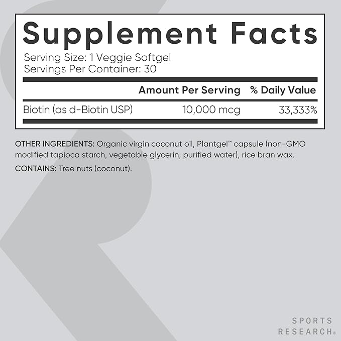 Sports Research® Biotin 10,000mcg with Organic Coconut Oil - Biotin (Vitamin B7) for Healthy Skin and Hair Support* - for Women and Men - Vegan, Non-GMO, Gluten & Soy-Free - 30 Veggie Softgels