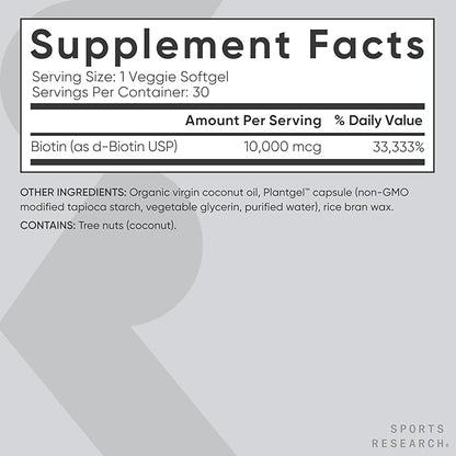 Sports Research® Biotin 10,000mcg with Organic Coconut Oil - Biotin (Vitamin B7) for Healthy Skin and Hair Support* - for Women and Men - Vegan, Non-GMO, Gluten & Soy-Free - 30 Veggie Softgels