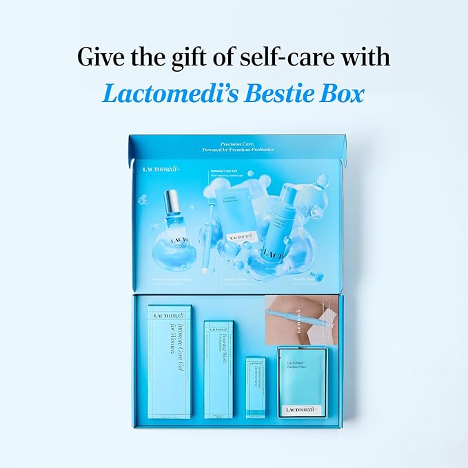 LACTOMEDI Bestie Box Intimate Care Kit – pH Balanced Feminine Hygiene Set with Intimate Care Gel, Foaming Wash, Deodorant Spray & Feminine Wipes for Daily Freshness