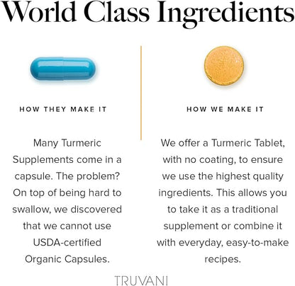 Truvani Organic Turmeric Curcumin Tablets 1,350 mg Each - Natural Joint Support with Black Pepper for Absorption - 90 Tablets