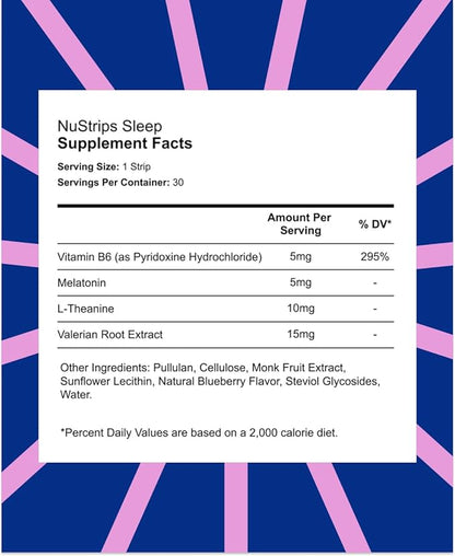 NuStrips™ Fast-Dissolving Sleep Strips with 5mg Melatonin, Valerian Root, L-Theanine & Vitamin B6 – Blueberry Flavor - Natural Sleep Aid, Vegan, Non-GMO, Gluten Free – Fall Asleep Fast (3 Strips)