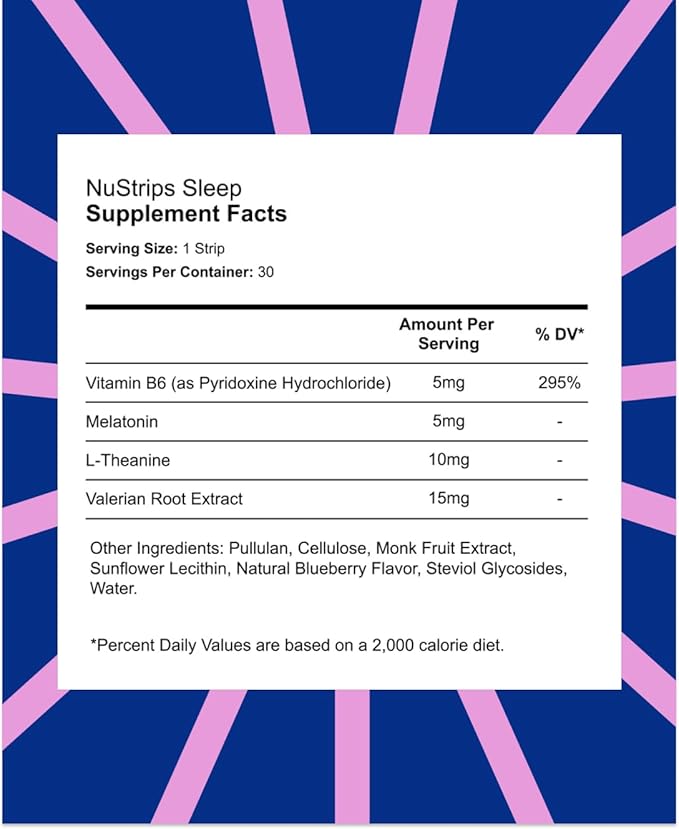 NuStrips™ Fast-Dissolving Sleep Strips with 5mg Melatonin, Valerian Root, L-Theanine & Vitamin B6 – Blueberry Flavor - Natural Sleep Aid, Vegan, Non-GMO, Gluten Free – Fall Asleep Fast (30 Strips)