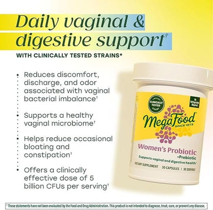 MegaFood Womens Probiotic + Prebiotic - Gluten-Free Prebiotics and Probiotics for Women, Supports Digestive Health & Regularity, Vaginal Probiotics for Healthy pH Levels, Vegetarian - 30 Capsules