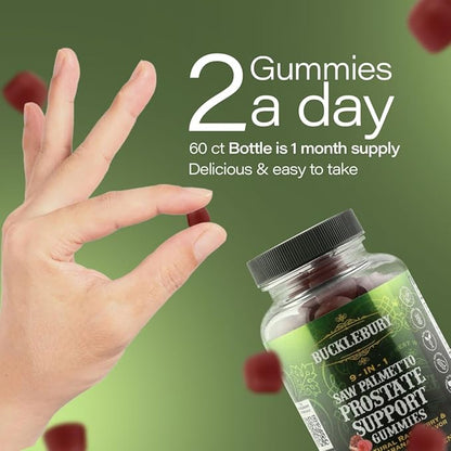 BUCKLEBURY 9-in-1 Natural Saw Palmetto Gummies with Raspberry & Pomegranate Flavor - Plant-Based Prostate Support Supplements for Mens Bladder Health, Hair Growth & Urinary Support - 60 Gummies