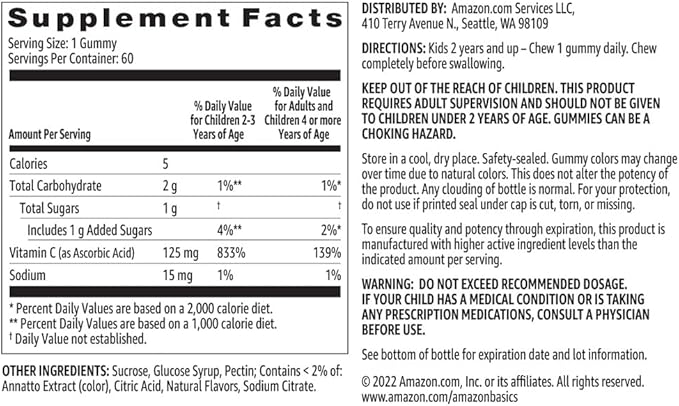 Amazon Basics Kids' Vitamin C 125mg Gummies, Orange, Immune Health, 2 Month Supply (Previously Solimo) 60 Count (Pack of 2)