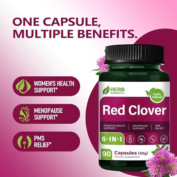 HERBENENERGYflow Red Clover Extract Capsules, Herbal Supplement for Women’s Health Support, Menopause Support & PMS Relief. Natural Blend w/Black Cohosh Wild Yam Dong Quai. 90 Count.
