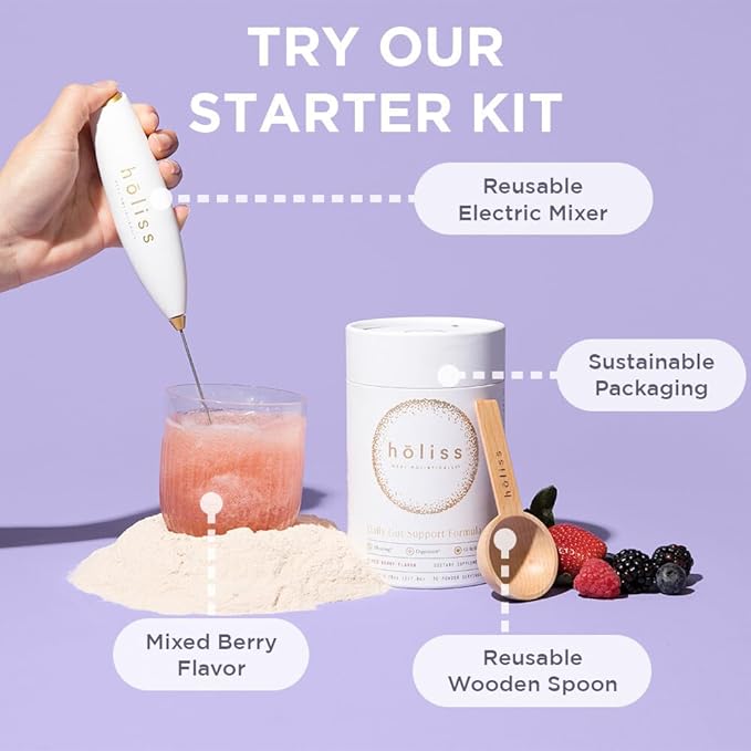 Daily Gut Health Kit – 6-in-1 All Natural Supplement, Bloat & Gas Aid, GI Lining Repair, IBS Support – Lemon Balm, L-Glutamine, PepZinGI, Mixed Berry, 30 Servings, Electric Mixer & Spoon