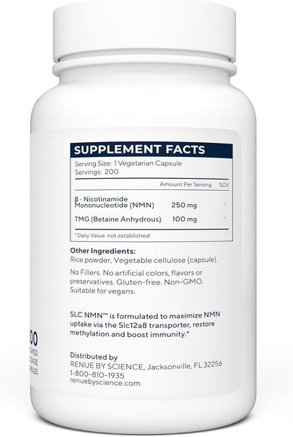 Renue By Science NMN Supplement | 200 SLC Enteric Capsules - 250mg Nicotinamide Mononucleotide per Serving | Delayed Release for Increased Absorption | Manufactured in the USA