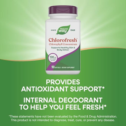 Nature’s Way Chlorofresh Chlorophyll Concentrate Softgels, Chlorophyllin Copper Complex, Internal Deodorant Supplement, Supports Healthy Skin and Detox Pathways*, 90 Softgels (Packaging May Vary)