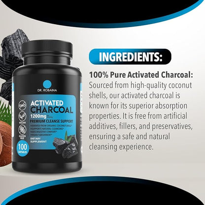 Dr. Robaina Activated Charcoal Capsules 1200 mg – Coconut-Shell Carbon for Gas & Bloating Relief, Digestive Comfort & Next-Morning Support – Vegan • Non-GMO – 100 Count, USA Made