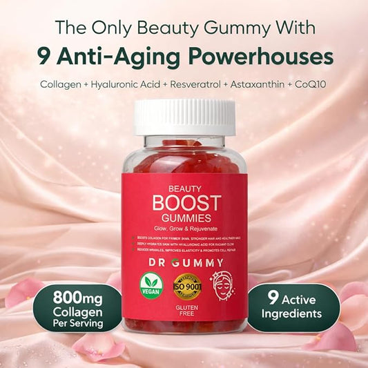 Beauty Boost Gummies – Collagen + Hyaluronic Acid for Skin Hydration Support, Antioxidant Blend Resveratrol, CoQ10, Astaxanthin, Hair Skin Nails, 60 Gummies