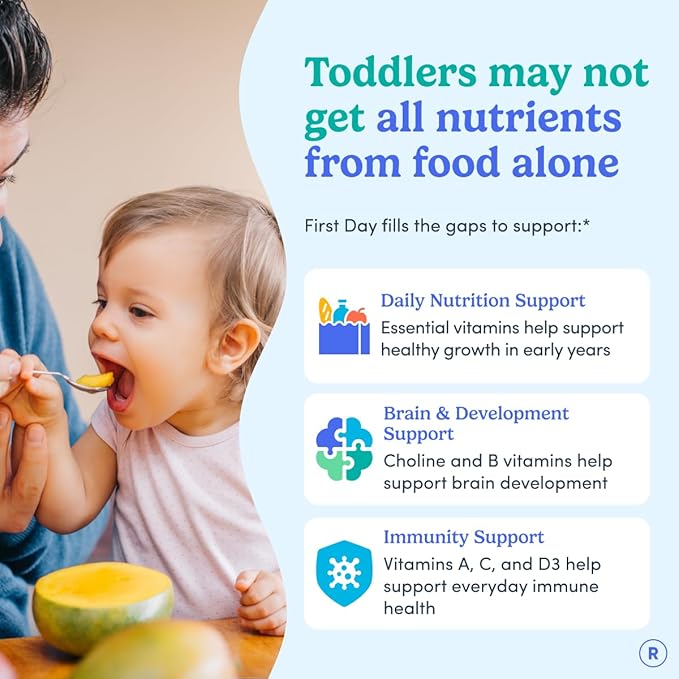 FIRST DAY Toddler Multivitamin Gummies (Ages 2-3)| Kids Multivitamin Gummies with Vitamins A C D3, B2, B12, Choline, Folate and 21 Organic Superfoods| (30 Day Supply)